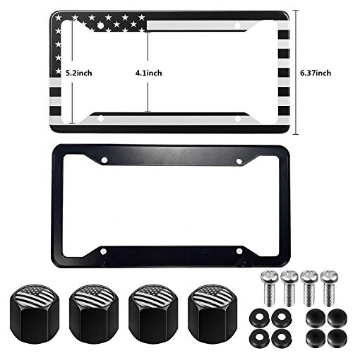 Vankcp Universal USA Flag License Plate Holder Set, Vankcp Black Aluminum Alloy License Plate Frame, 2Pcs Patriotic License Plate Frame Matching with Screw Cover Set and Tire Valve Cover Set - Image 2
