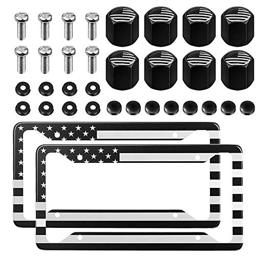 Vankcp Universal USA Flag License Plate Holder Set, Vankcp Black Aluminum Alloy License Plate Frame, 2Pcs Patriotic License Plate Frame Matching with Screw Cover Set and Tire Valve Cover Set - Image 1