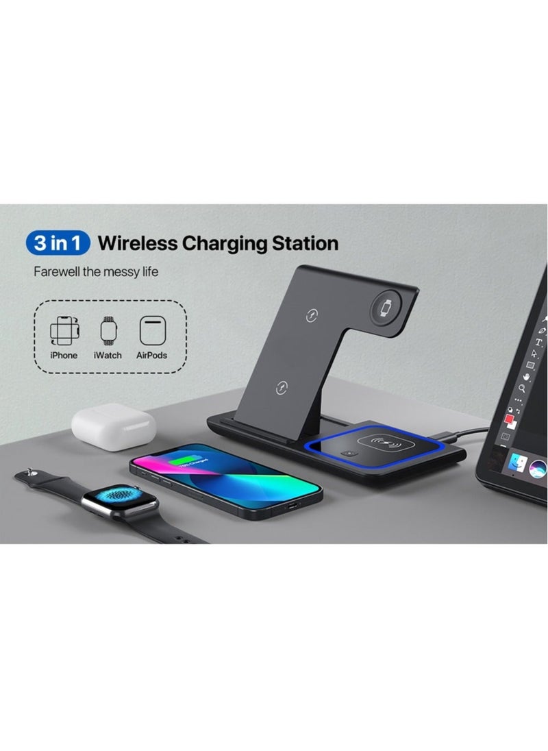 Generic - Wireless Charger, 3-in-1 Wireless Charging Station, Fast Wireless Charger Stand for iPhone, Apple Watch,  Apple AirPods, Samsung Galaxy Series (Black) - Image 1