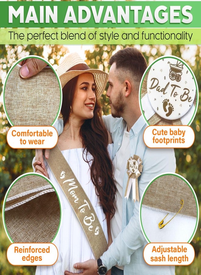 V TOWER Mom to Be Sash Baby Shower - Stylish Baby Shower Sash & Dad to Be Pin, Elegant Boho Style, Tear & Stain Resistant Burlap & Adjustable Pin - Universal Accessories for Boy & Girl Gender Reveal Parties - Image 4
