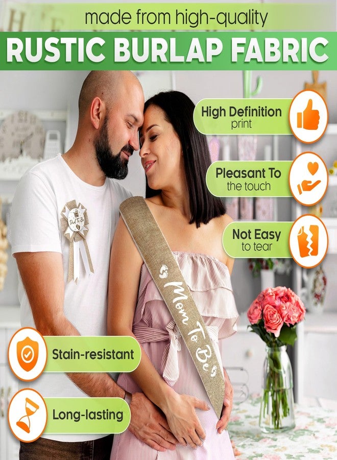 V TOWER Mom to Be Sash Baby Shower - Stylish Baby Shower Sash & Dad to Be Pin, Elegant Boho Style, Tear & Stain Resistant Burlap & Adjustable Pin - Universal Accessories for Boy & Girl Gender Reveal Parties - Image 3