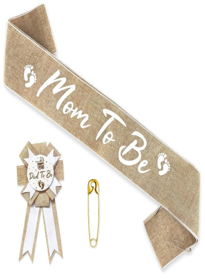 V TOWER Mom to Be Sash Baby Shower - Stylish Baby Shower Sash & Dad to Be Pin, Elegant Boho Style, Tear & Stain Resistant Burlap & Adjustable Pin - Universal Accessories for Boy & Girl Gender Reveal Parties - Image 1