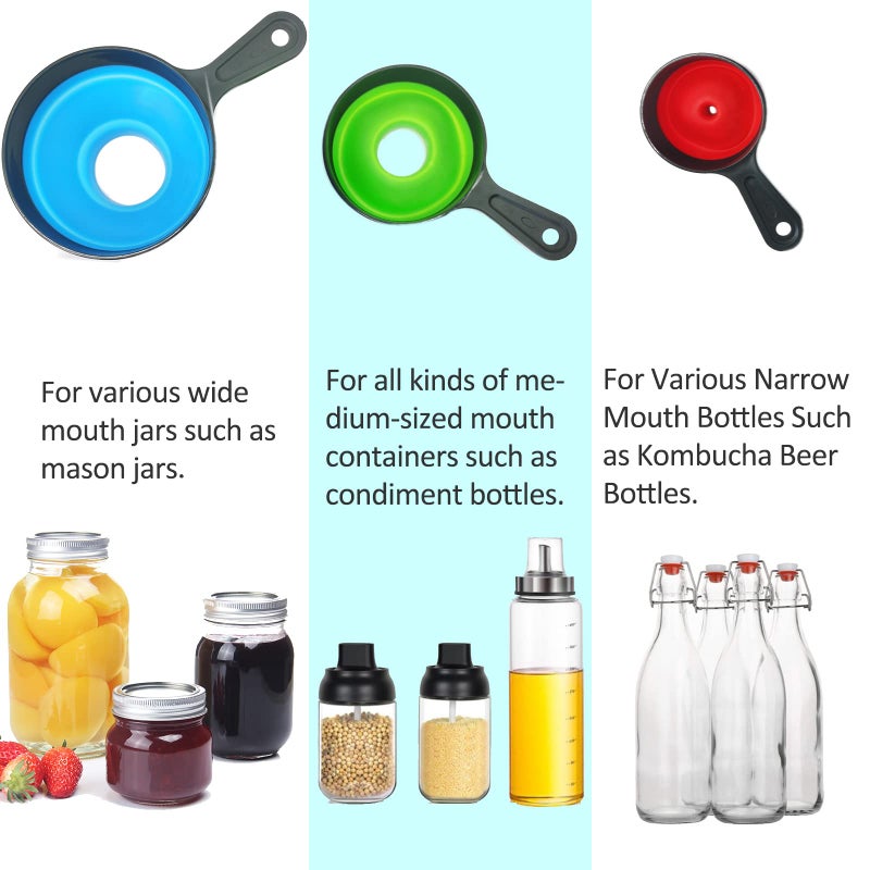 DELOVE- Delove Canning Funnel with Strainer - Wide Mouth Food Funnels for Kitchen Use - Mason Jars Canning Supplies Kit Tools - Funnels for Filling Bottles - Food Grade Silicone -4 Pack - Image 3