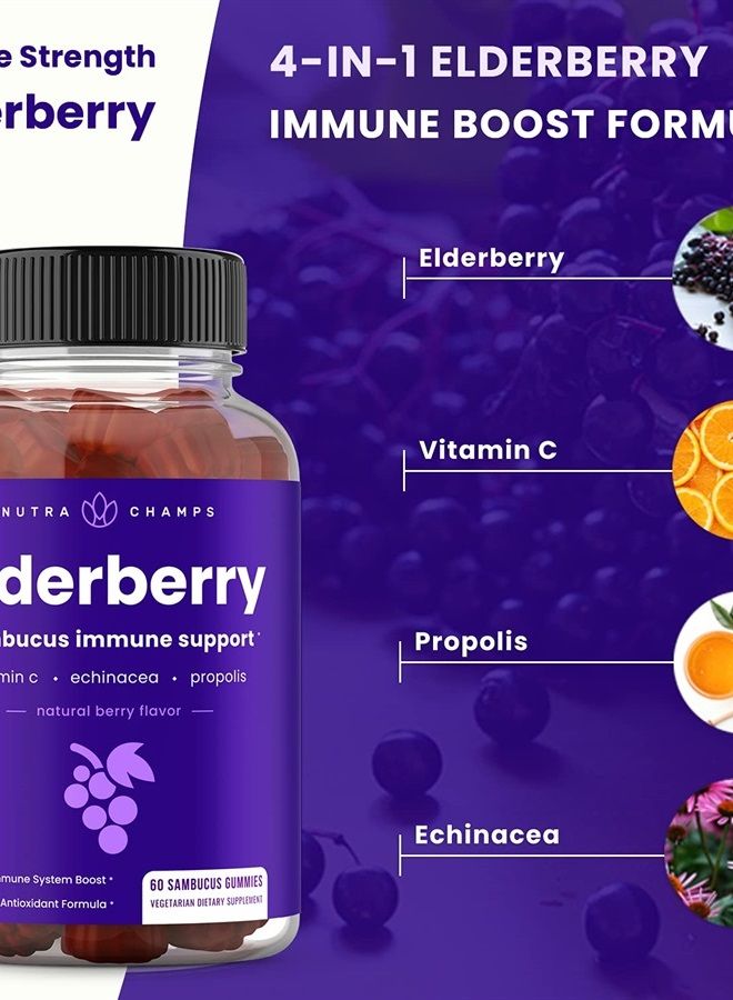 NutraChamps Elderberry Gummies | Sambucus Elderberry Gummies for Adults & Kids | Vitamin C, Propolis & Echinacea | Max Strength Immune Support Gummies | Natural Berry Flavor | 120 Gummies (2 Pack) - Image 3