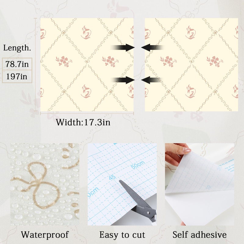 GloryTik Vintage Floral Wallpaper Peel and Stick, Removable Beige Flowers Contact Paper, Self Adhesive Wall Paper for Bedroom Living Room Cabinets Bedroom Vinyl Rolls (17.3" x 78.7") - Image 2