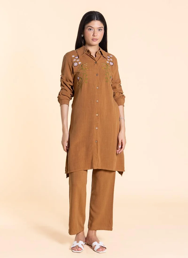 SHAPES EMBROIDERED LINEN BLEND SHIRT SET