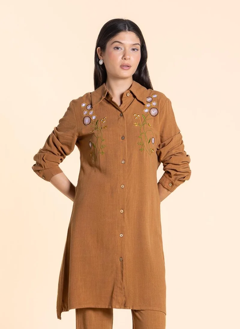 SHAPES EMBROIDERED LINEN BLEND SHIRT SET