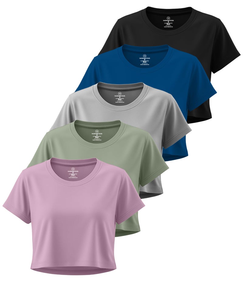 REALESSENTIALS Real Essentials 5 Pack: Women's Dry Fit Crop Top - Short Sleeve Crew Neck Stretch Athletic Tee (Available in Plus Size) - Set 1, XXL - Image 1
