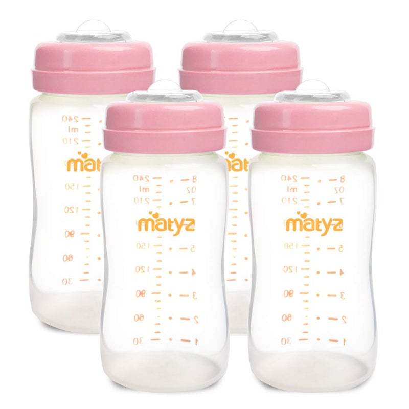 Matyz 4-PACK Breast Milk Collection And Storage Bottles (Pink, 8oz Each) - No BPA Breastmilk Storage Containers With Lids - Pumping Storage Bottles For Philips Avent Medela Spectra Breast Pumps - Image 1