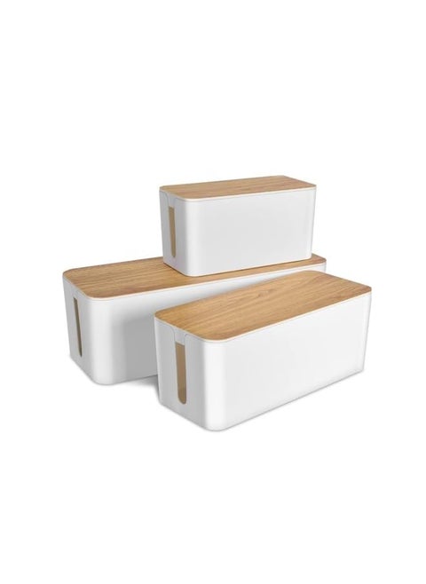 Cable Management Box With Bamboo Lid Set Of 3 Cable Management Set Large And Medium And Small Wooden Grain Cable Organizer Box Side Grooving High Utility