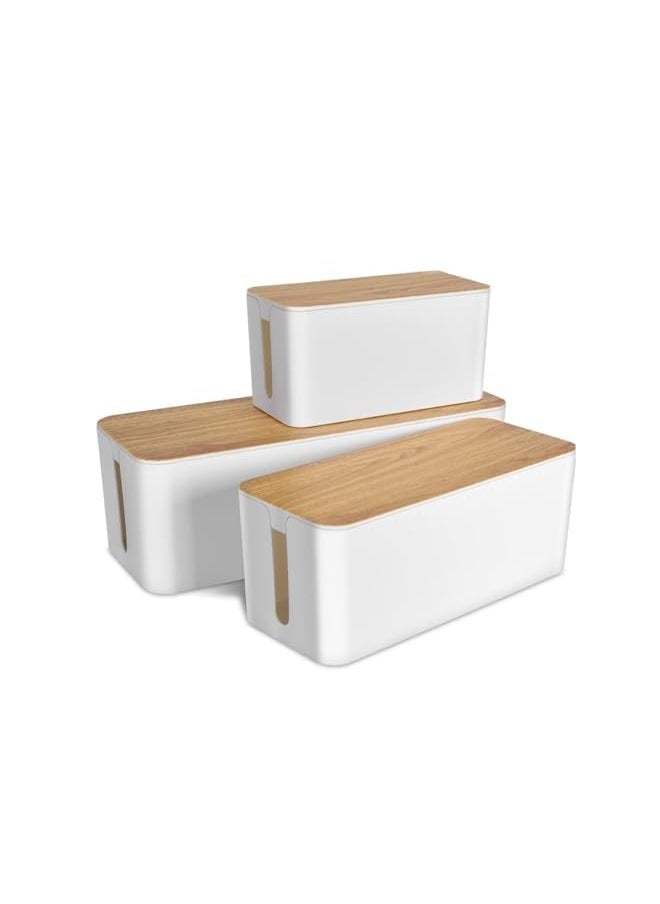Zaboon - Cable Management Box With Bamboo Lid Set Of 3 Cable Management Set Large And Medium And Small Wooden Grain Cable Organizer Box Side Grooving High Utility - Image 1