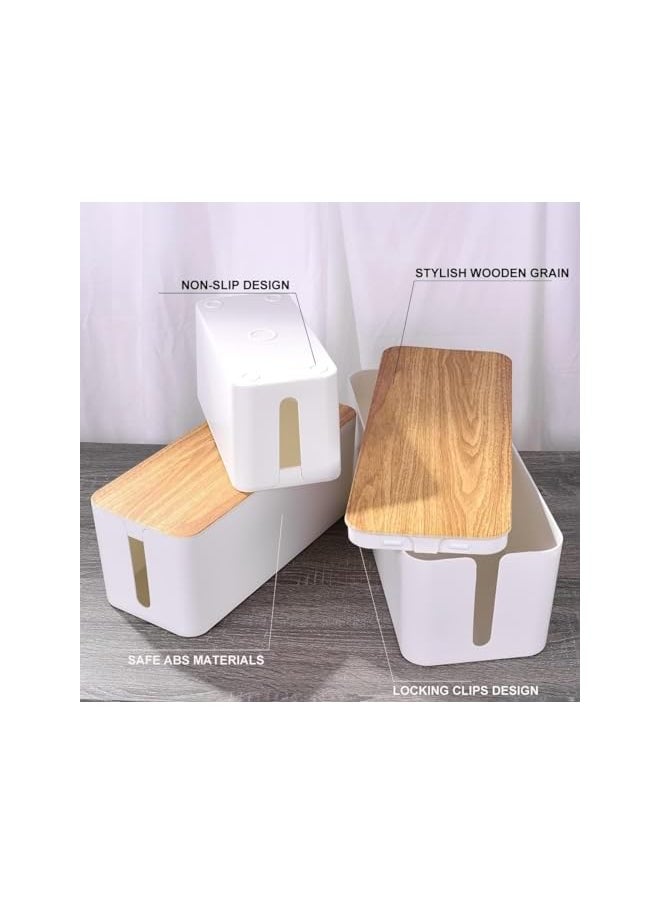 Zaboon - Cable Management Box With Bamboo Lid Set Of 3 Cable Management Set Large And Medium And Small Wooden Grain Cable Organizer Box Side Grooving High Utility - Image 1
