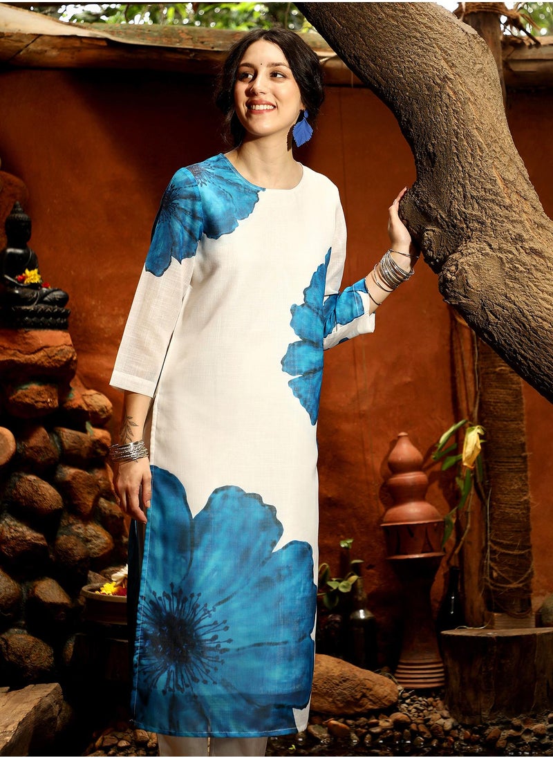 QISSA Qissa Women's Royal Blue Primrose Flora Kurta With Trousers For Casual Wear | Round Neck | Quarter Sleeves | 2 Piece Kurta Set Designed With Comfort Fit For Everyday Ethnic Wear  - Image 4