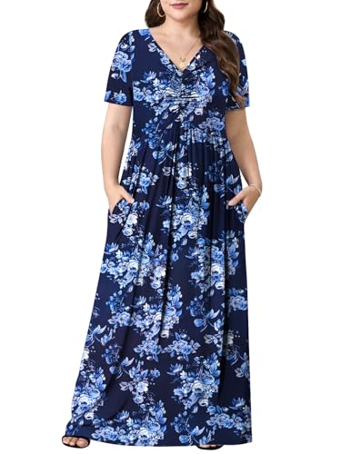 PEVRL Plus Size Maxi Dresses for Women Summer Casual Short Sleeve Long Dress with Pockets Blue Flower 3X - Image 1