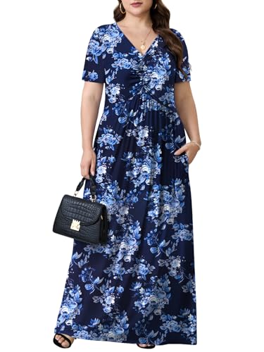 PEVRL Plus Size Maxi Dresses for Women Summer Casual Short Sleeve Long Dress with Pockets Blue Flower 3X - Image 2