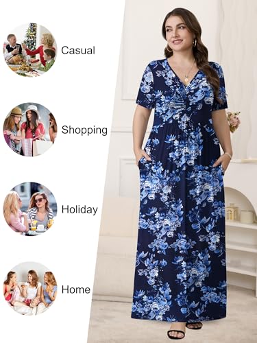 PEVRL Plus Size Maxi Dresses for Women Summer Casual Short Sleeve Long Dress with Pockets Blue Flower 3X - Image 4