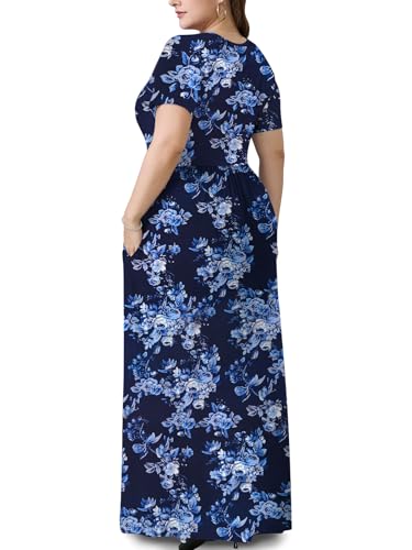 PEVRL Plus Size Maxi Dresses for Women Summer Casual Short Sleeve Long Dress with Pockets Blue Flower 3X - Image 3