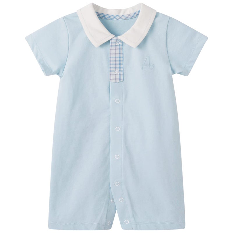 pureborn Baby Boy Romper One-Piece Outfit Point Collar Short Sleeve 12-18 Months Blue - Image 1