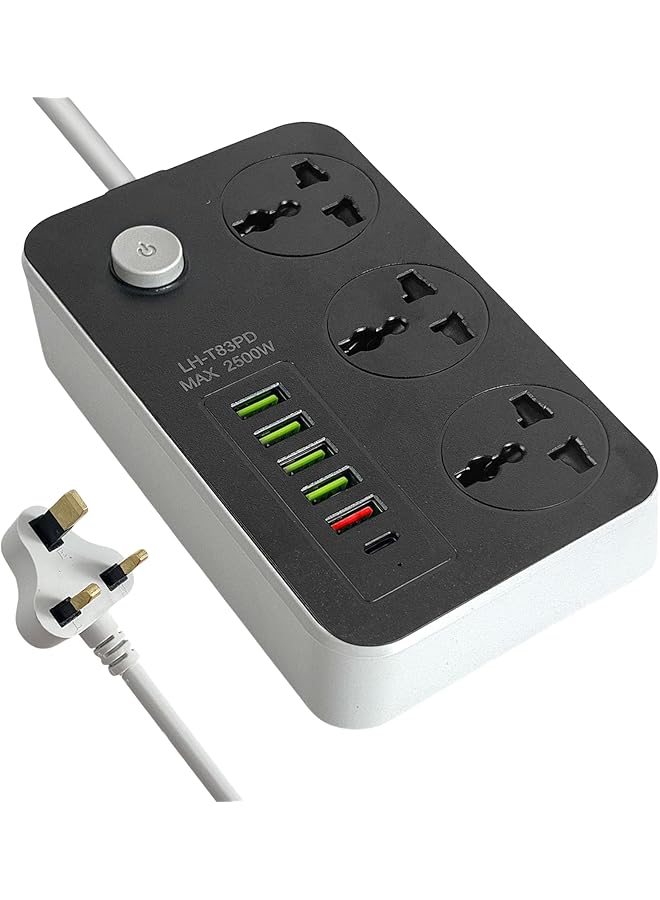 promass Power Strips Extension Cords 3 Outlets, Universal Power Socket with 5 USB & 1 Type-C Ports, 2M Bold Extension Cord Plug Adapter for Home, Office, Kitchen - Image 1