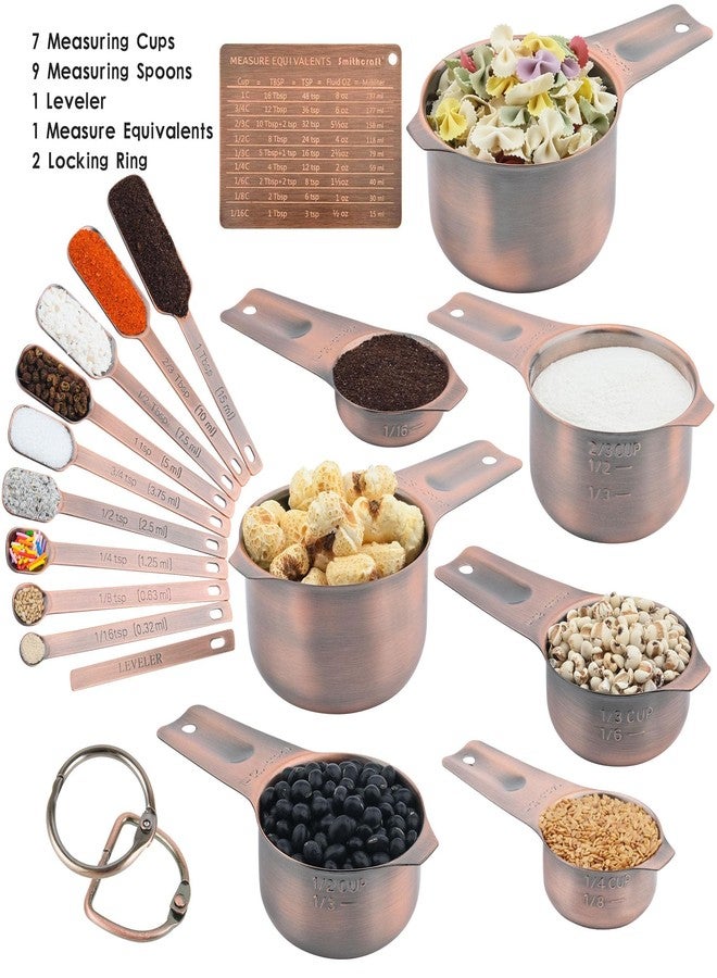 Smithcraft طقم أكواب وملاعق قياس من سميثكرافت، طقم أكواب وملاعق قياس نحاسية للمواد الجافة والسائلة، 7 أكواب قياس من الفولاذ المقاوم للصدأ و9 ملاعق قياس، مع أدوات تسوية وقياس مكافئة للمطبخ والخبز - Image 2