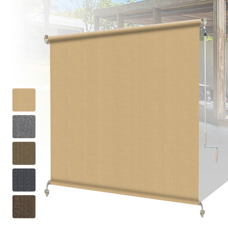 Shade&Beyond Outdoor Roller Shades with Splicing Design, 8' W x 8' H Cordless Patio Roll Up Blinds, Exterior Shade Cloth Roll for Porch, Gazebo, Pergola, Balcony, Wheat - Image 1
