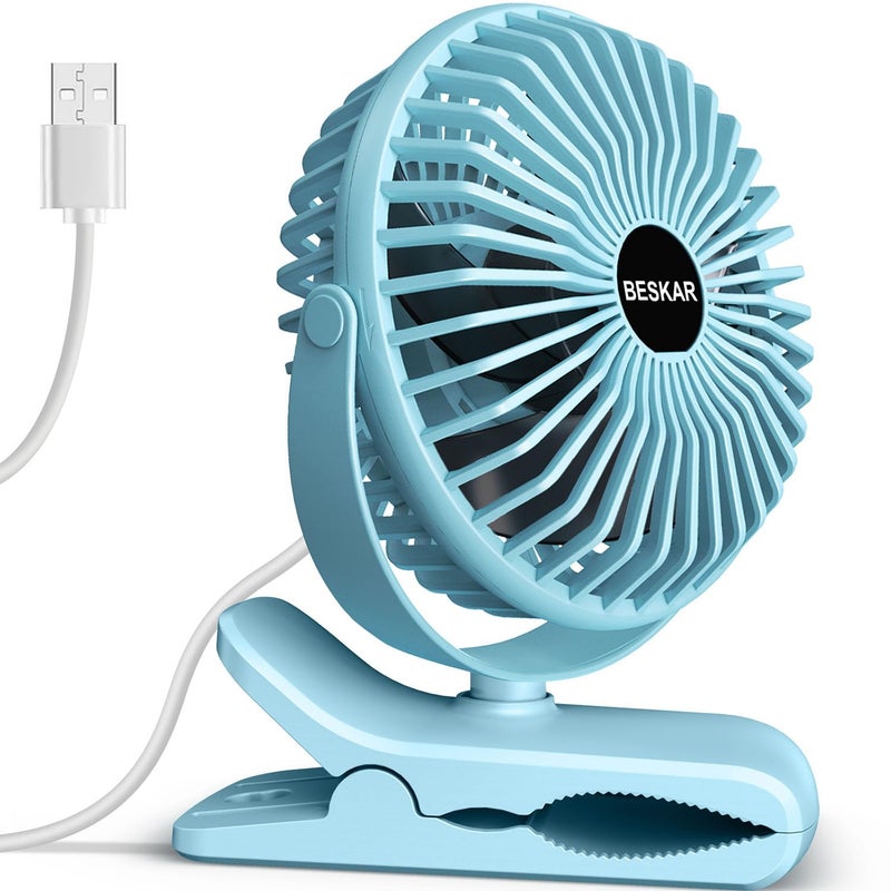BESKAR Clip on Fan Portable Small Desk Fans with Strong Airflow 3 Speeds with Personal Fans Sturdy Clamp Quiet Desk Fan Clip Fan with USB Cord Powered No Battery