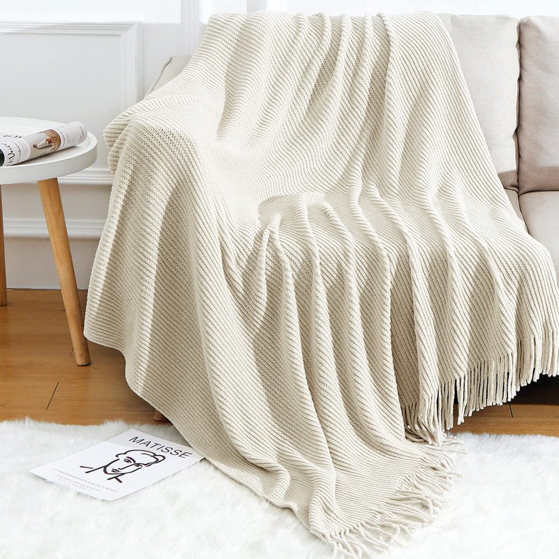 BLAGIC Knitted Throw Blanket for Couch Soft Farmhouse Boho Throw Blanket with Tassels Home Decorative Lightweight Throw Blankets Throws for BedChairSofa Stripe TexturedCreamy White50W x 60L