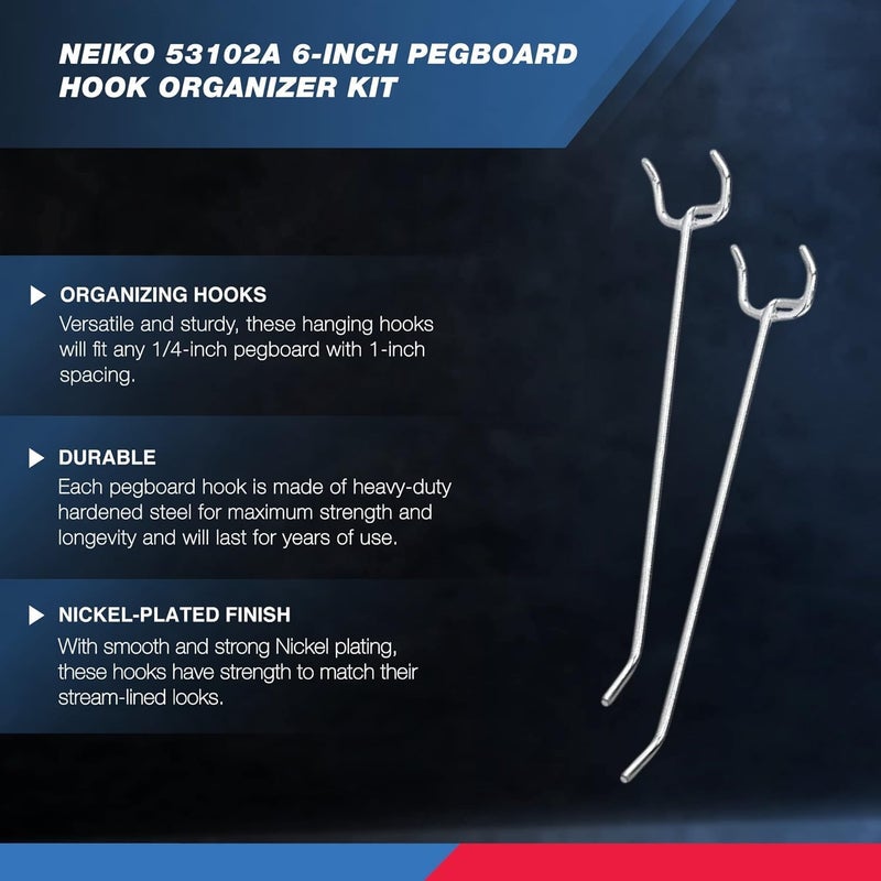 Neiko 53102A 6” Pegboard Hook Organizer Kit, 50 Pack, Hanging Hooks Set for Garage Organization, Great for Wall Hanging and Shelving, Tool Storage, Craft Organizing - Image 2