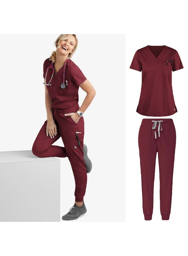 Loquat Womens Medical Scrubs Set Medical Uniform Set Wine Red - Image 1
