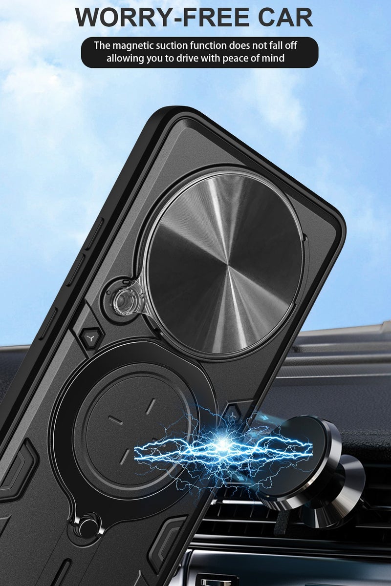 SanHu for Redmi 14C 4G / Xiaomi POCO C75 4G Case, Slide Camera Lens Cover, Magnetic Ring Holder Kickstand Protective Phone Case for Redmi 14C 4G / Xiaomi POCO C75 4G, Black - Image 3