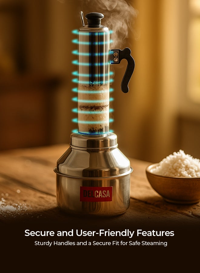 Delcasa DC1516 Stainless Steel Puttu Maker with Pot - Stainless Steel Food Grade Material | Dishwasher Safe, Bakelite Knob & Sturdy Handle | Stainless Steel Stick | Compatible With Hot Plate, Halogen, Gas, & Induction Tops Stainless Steel - Image 4