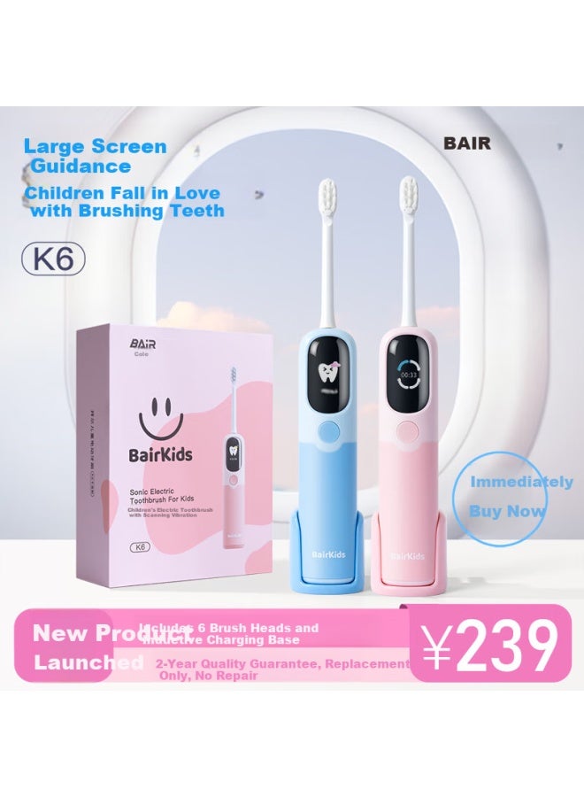 B-Air Bair K6 Children's Electric Toothbrush, Smart Vibration, Fully Waterproof, For Primary School Girls And Children, Soft Bristles, Gum Protection, Sensor Charging, 3-6 Years Old, Gift For Kids, Carlo Pink - Image 1