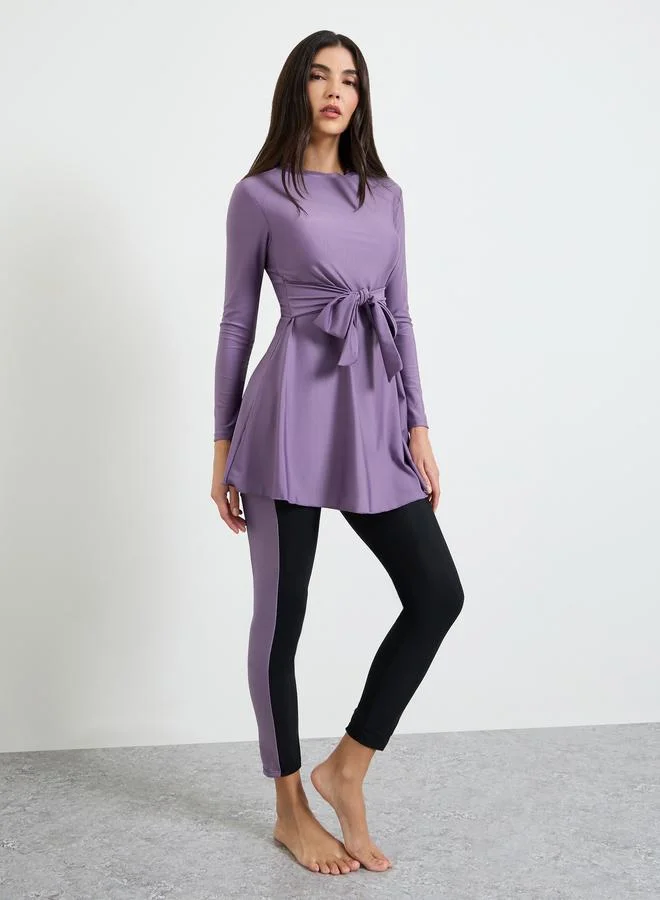 Styli Purple Tie Knot Detail Long Tunic And Leggings Burkini Set