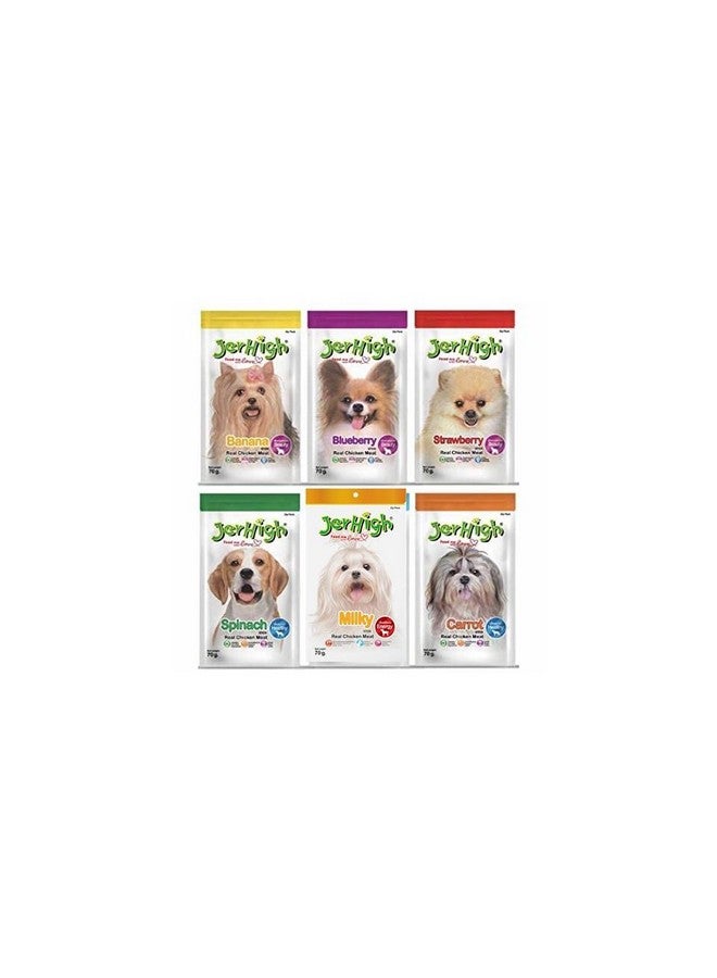 JerHigh Real Chicken Food Treat Spinach, Blueberry, Carrot, Strawberry, Milk, Banana Flavor 6 Pack Combo Set 70g for Dogs by DogsNCats - Image 1