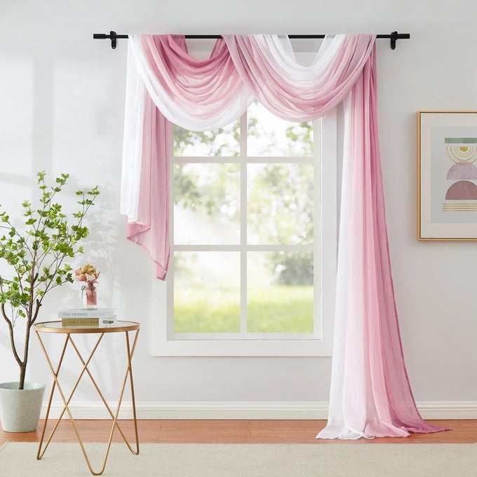 1 PIECE OMBRE CHIFFON SHEER WINDOW SCARF VALANCE CURTAIN 18FT FOR LIVING ROOM GIRLS BEDROOM DECOR 216 INCH LONG CRINKLE SOFT WINDOW SHEER VOILE VALANCE FOR HOLIDAY WEDDING PARTY DECOR PINK 52W