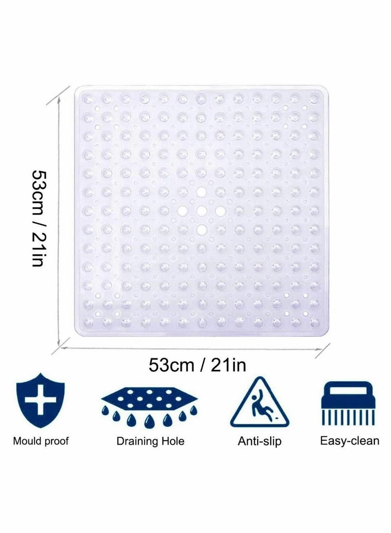 Y&D Square Shower Mat Non Slip Anti Mould Machine Washable Bathtub with Suction Cup Safety Bath Mat, Antibacterial Rubber Kids Drain Holes, 53 × 53cm, Transparent White - Image 3