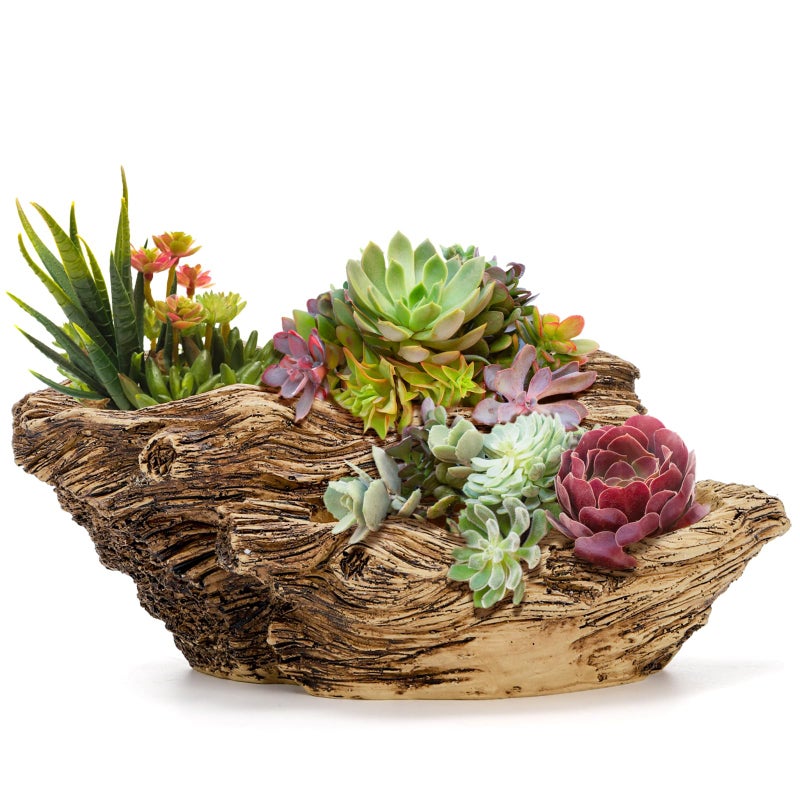 Noamus Artificial Driftwood Planter, Sculpture Resin Succulent Flower Pot, Imitation Wood Pile Porous Bonsai Tree Plant Pot, Decorative Rustic Stump Cactus Container for Garden Indoor - Image 1