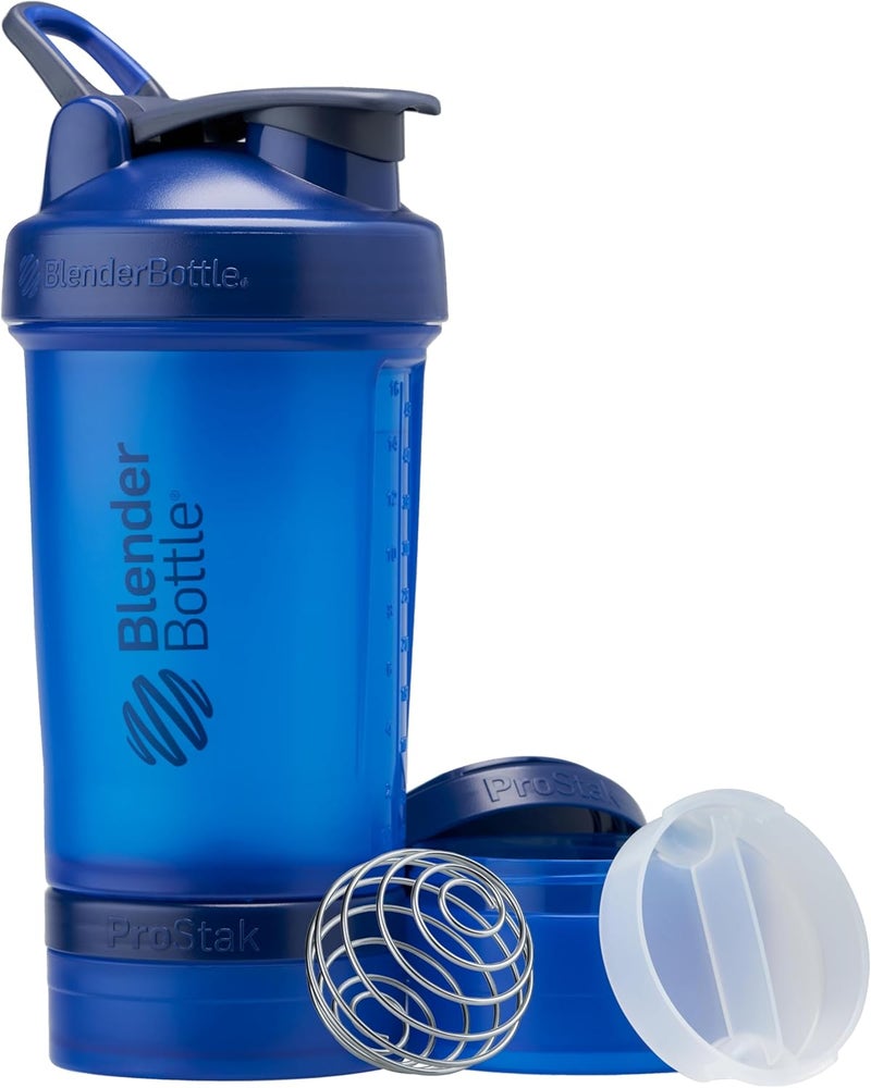 BlenderBottle زجاجة خلط BlenderBottle مع منظم حبوب ومساحة لتخزين مسحوق البروتين نظام Classic V2 ProStak سعة 22 أونصة باللون الأزرق - Image 1