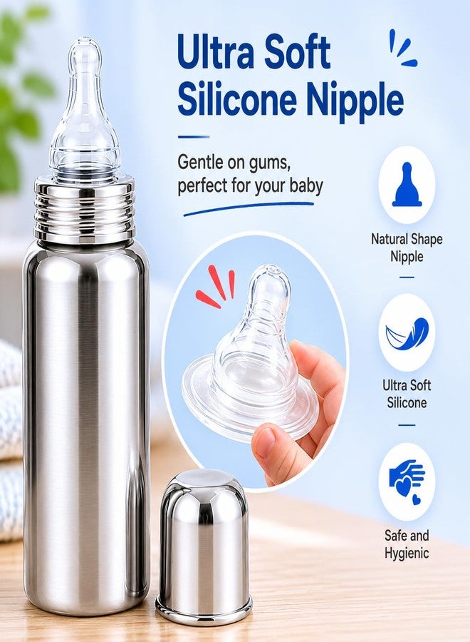 Loyalmart Feeding Bottle for Baby Stainless Steel Baby Feeder 250ml BPA Free & Plastic Free with Hygienic Safe Leak Proof Soft Silicone Nipple, Newborn Milk Bottle (Silver, 250ml) - Image 4