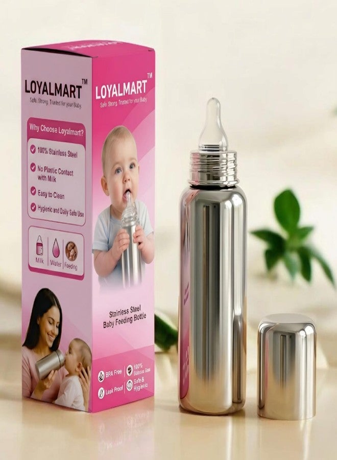 Loyalmart Feeding Bottle for Baby Stainless Steel Baby Feeder 250ml BPA Free & Plastic Free with Hygienic Safe Leak Proof Soft Silicone Nipple, Newborn Milk Bottle (Silver, 250ml) - Image 1