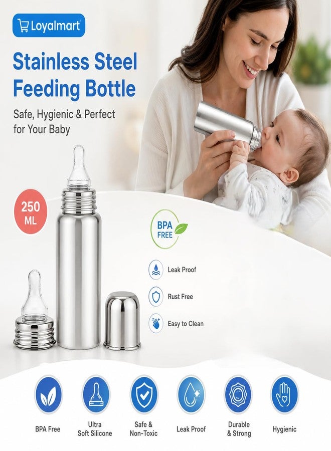 Loyalmart Feeding Bottle for Baby Stainless Steel Baby Feeder 250ml BPA Free & Plastic Free with Hygienic Safe Leak Proof Soft Silicone Nipple, Newborn Milk Bottle (Silver, 250ml) - Image 2