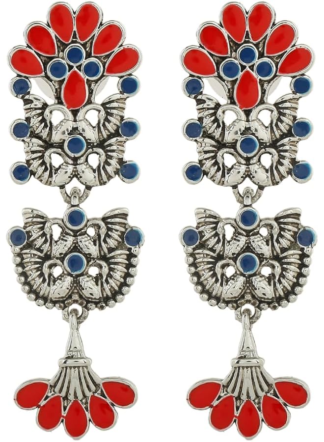 Estele Valentine Gifts For Girlfriend/Wife: Silver Oxidised Designer Multicolour Floral Meenakari Dangle Drop Earrings For Girls And Women - Image 1