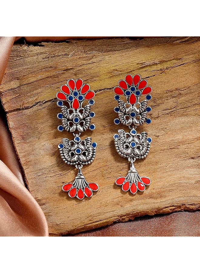 Estele Valentine Gifts For Girlfriend/Wife: Silver Oxidised Designer Multicolour Floral Meenakari Dangle Drop Earrings For Girls And Women - Image 2