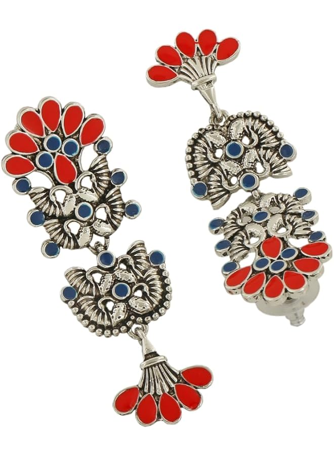 Estele Valentine Gifts For Girlfriend/Wife: Silver Oxidised Designer Multicolour Floral Meenakari Dangle Drop Earrings For Girls And Women - Image 4