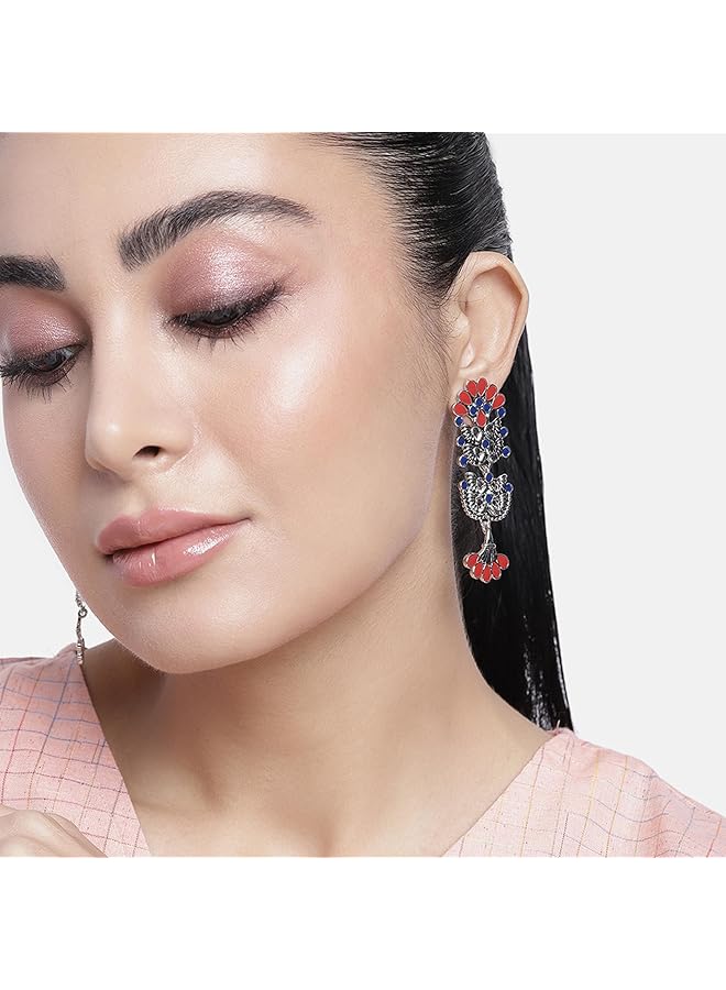 Estele Valentine Gifts For Girlfriend/Wife: Silver Oxidised Designer Multicolour Floral Meenakari Dangle Drop Earrings For Girls And Women - Image 3