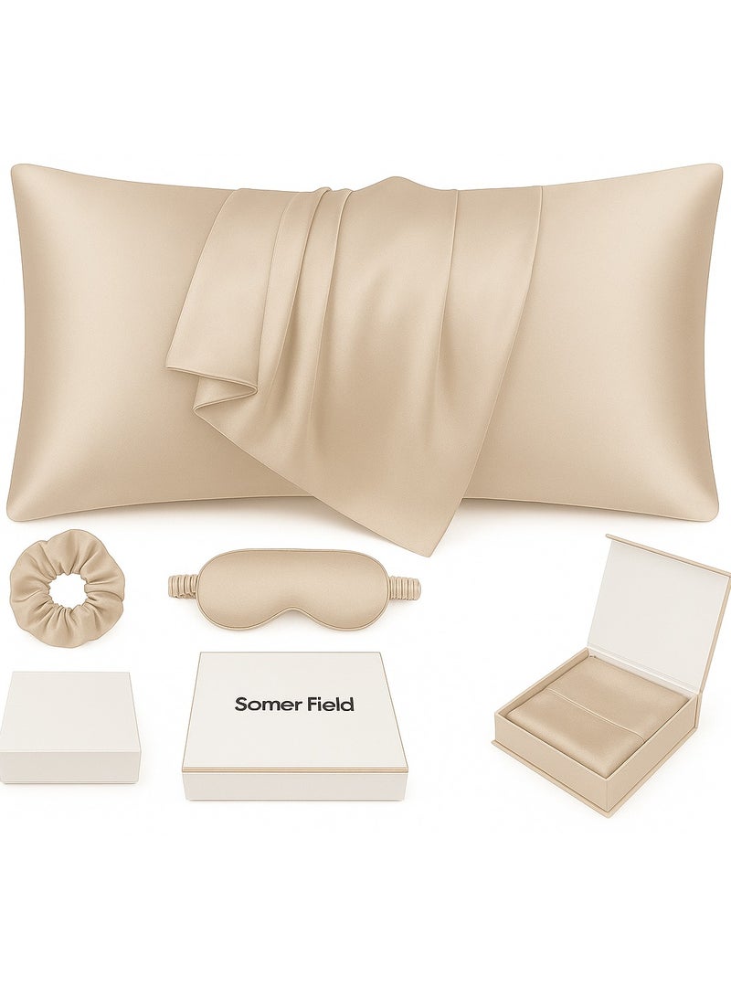 حقل سومر مجموعة نوم حريرية من سومر فيلد، مكونة من 3 قطع - غطاء وسادة، قناع للعين، وربطة شعر - هدية فاخرة وناعمة للعناية بالبشرة والشعر (بيج)