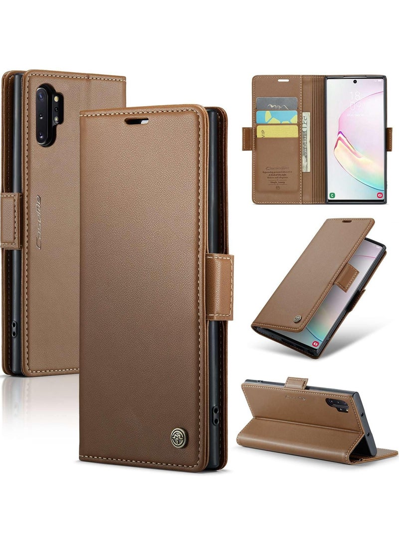 CaseMe Phone Case Luxury PU Leather Design Anti Fingerprint 023 Flip Cover Card Slot Holder Cover For Samsung Galaxy Note 10 Plus (Brown) - Image 1