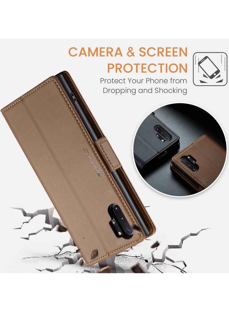 CaseMe Phone Case Luxury PU Leather Design Anti Fingerprint 023 Flip Cover Card Slot Holder Cover For Samsung Galaxy Note 10 Plus (Brown) - Image 2
