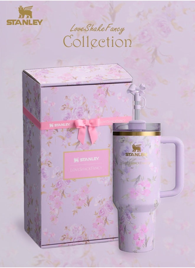 Stanley - Love Shack Fancy H2.0 Flow State 40oz Purple Rose Tumbler, Stainless Steel Vacuum Insulated Quencher with Lid, Straw, and Stopper, Ideal for Water and Iced Tea, Keeps Drinks Cold, Presented in Elegant Gift-Ready Packaging - Image 1