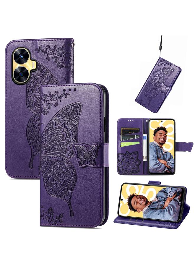 اس-توب جراب هاتف Realme C55 من الجلد المنقوش بنقشة زهور الحب على شكل فراشة - Image 1